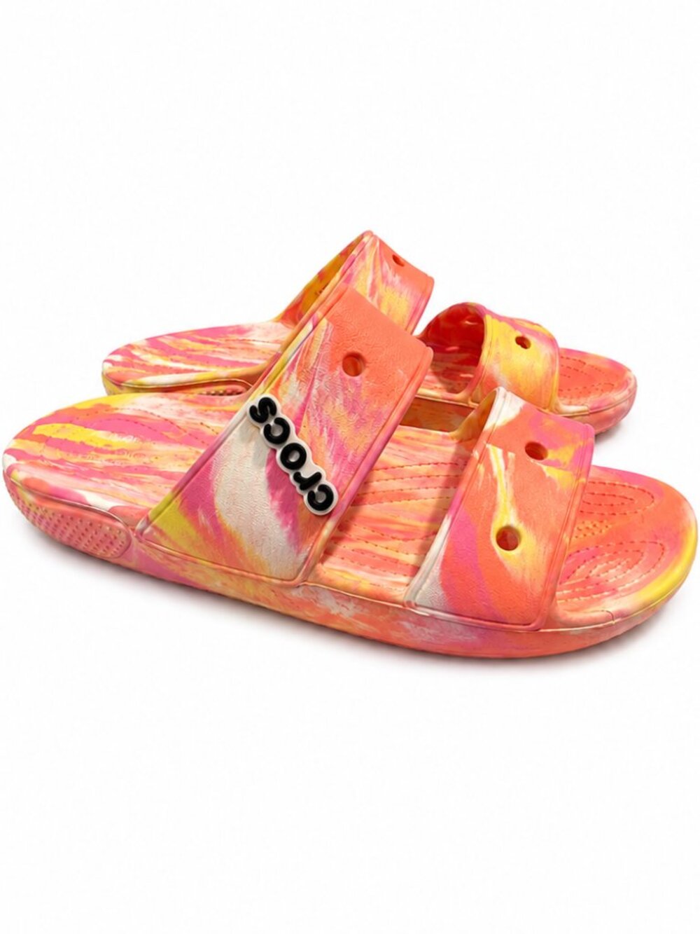 Crocs Classic Marble 2-Strap Slide Sandals M7 W9 Peach Orange Tie Dye Comfort